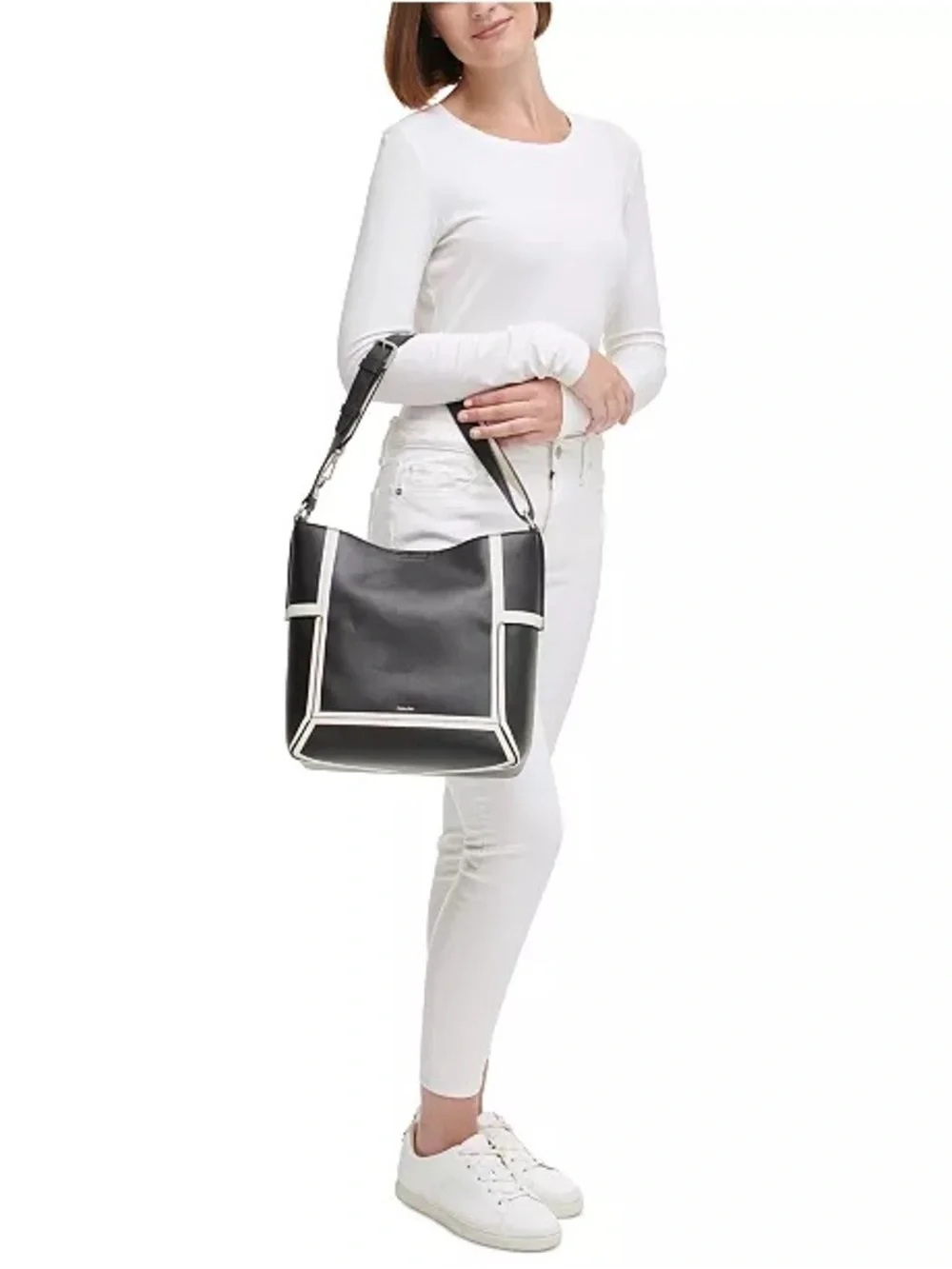 Calvin Klein Black & Cream Leather Faux Leather Shoulder Crossbody Bag